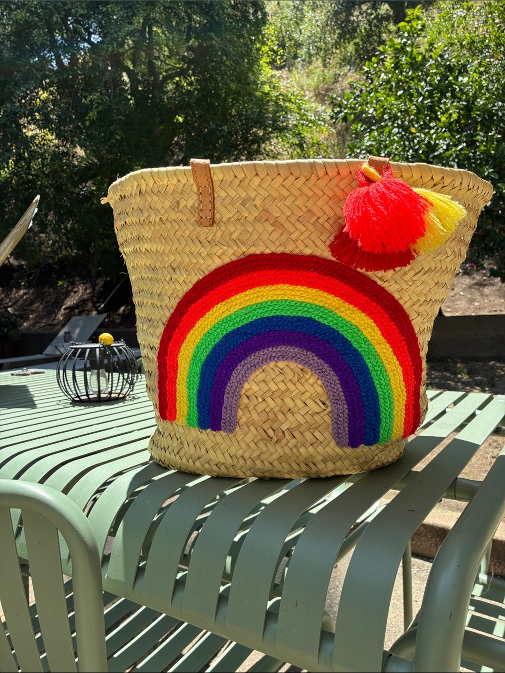Tala Honolulu Woven Straw Beach Tote w/ Rainbow Accent & Multi Colored Pom Poms